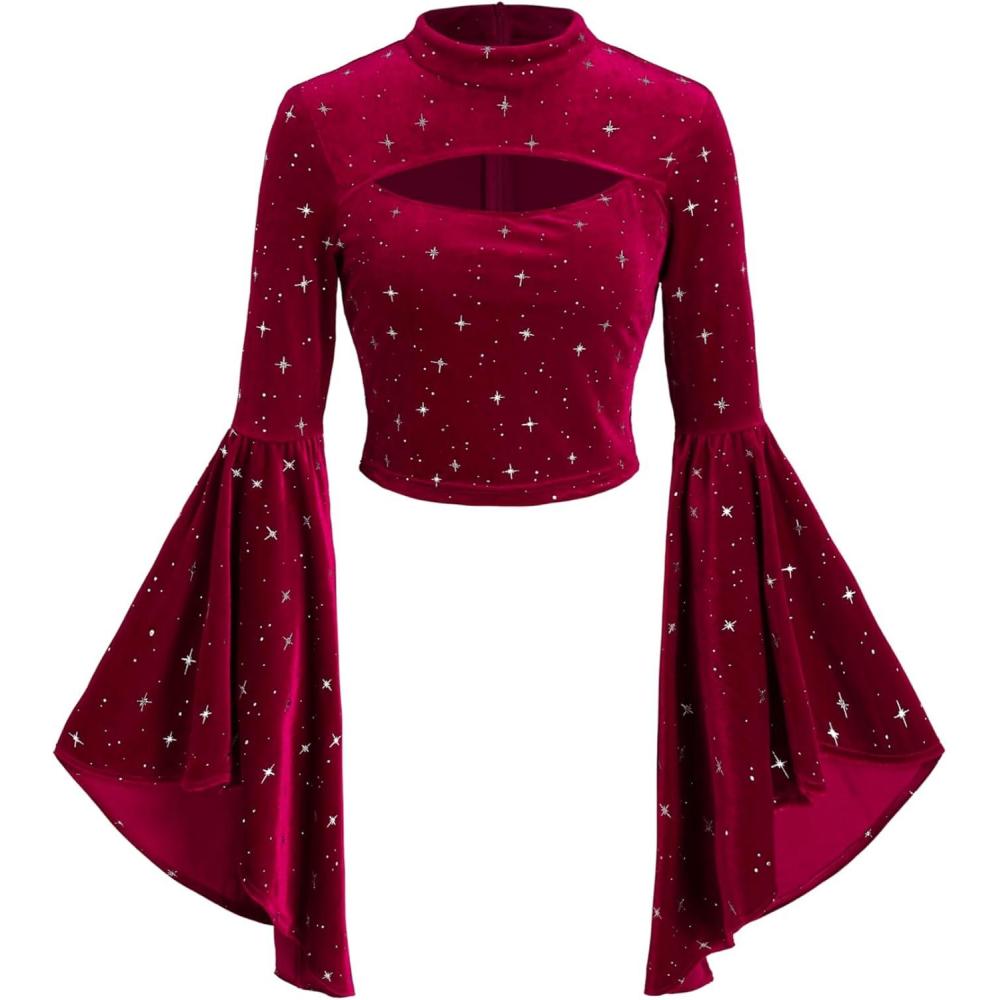 imageCIDER Velvet Star Pattern Bell Sleeve Crop TopRed
