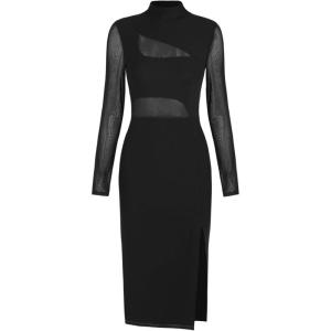 CIDER Mock Neck Sheer Slit Midi Dress(Black)