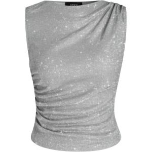 CIDER Round Neck Ruched Glitter Asymmetrical Tank Top(Silver)