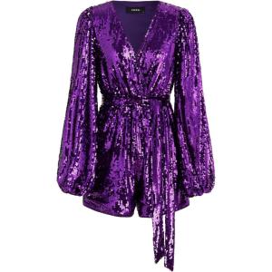 CIDER Women’s Sequin V-neck Solid Belted Romper(Purple)