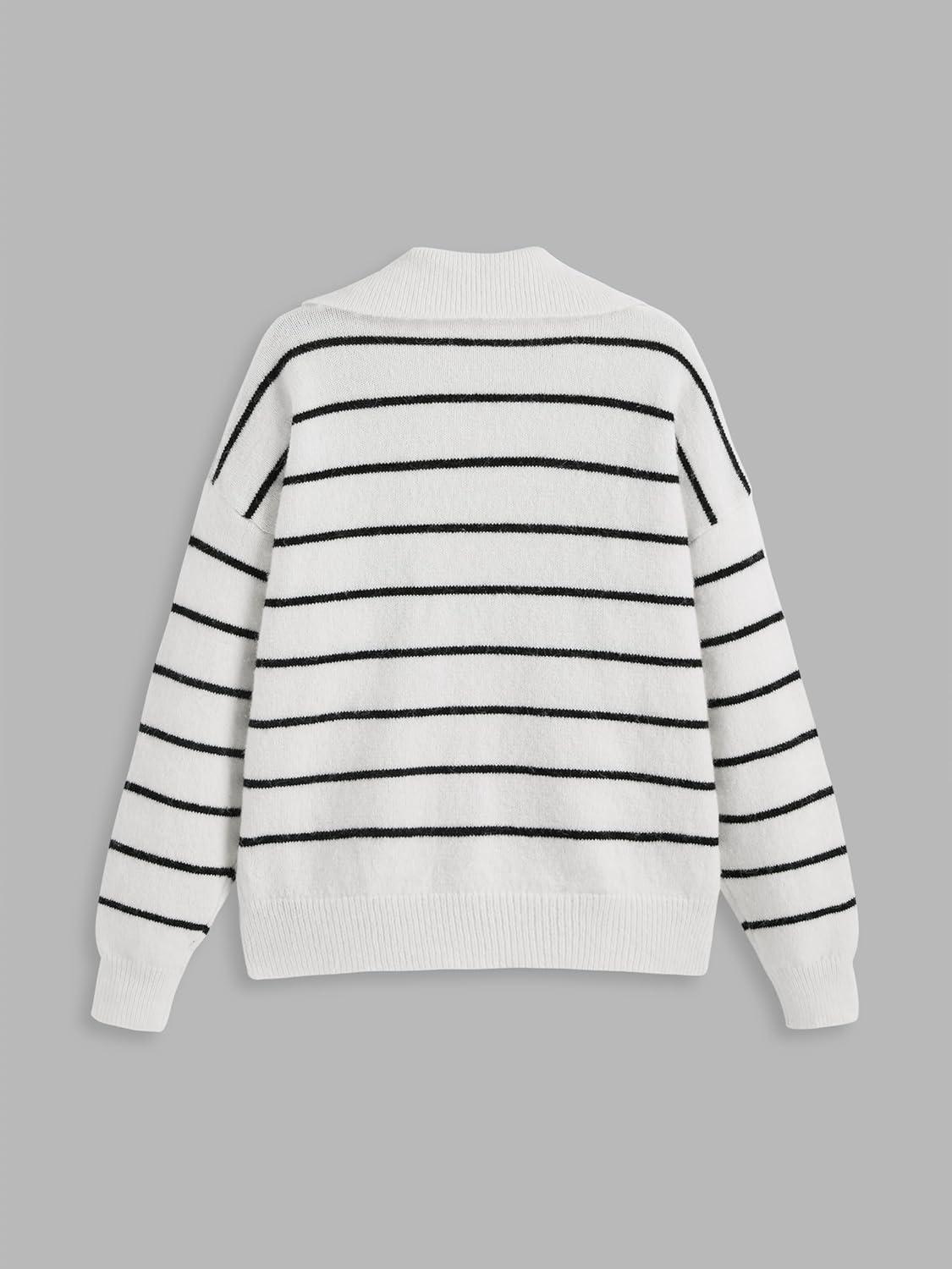 imageCIDER Womens Wool Striped Sweater Collared Long Sleeve Knitted Pullover TopsBeige