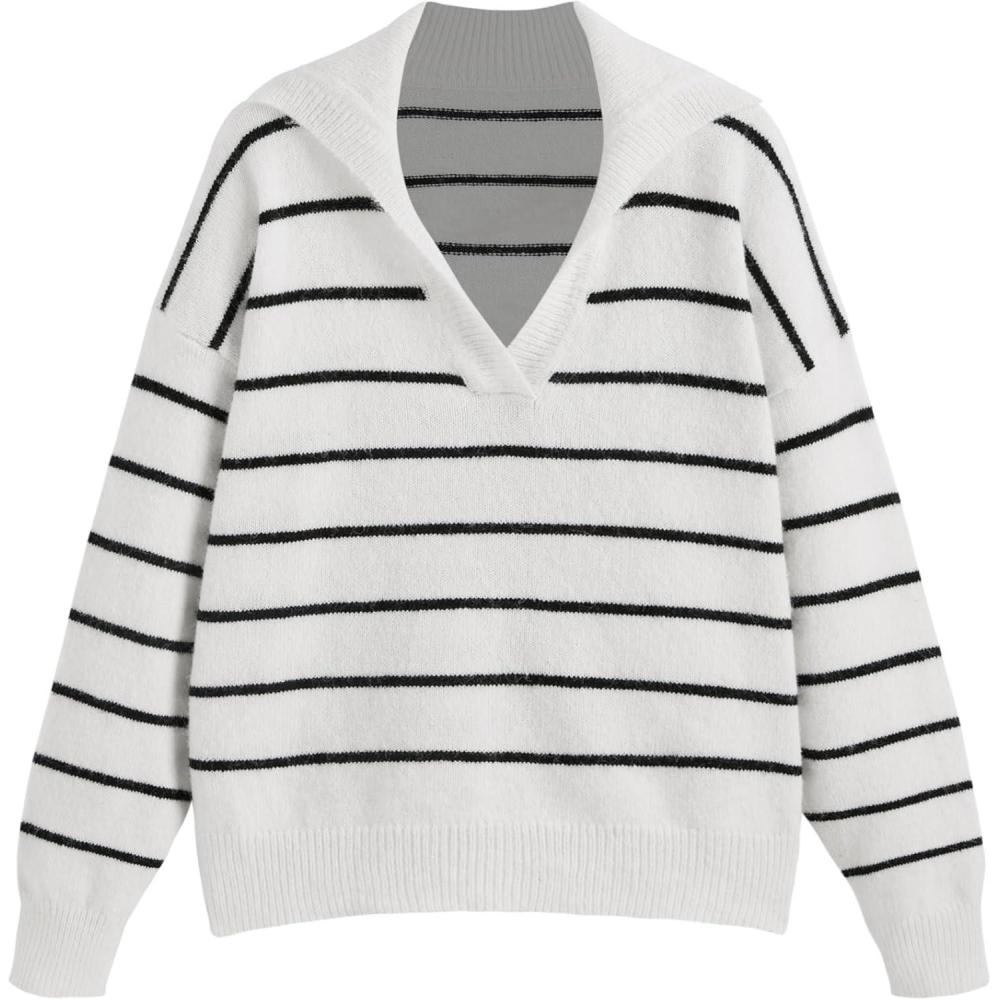 imageCIDER Womens Wool Striped Sweater Collared Long Sleeve Knitted Pullover TopsBeige