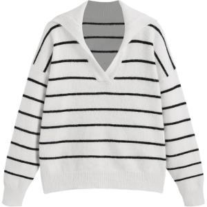 CIDER Women’s Wool Striped Sweater Collared Long Sleeve Knitted Pullover Tops(Beige)
