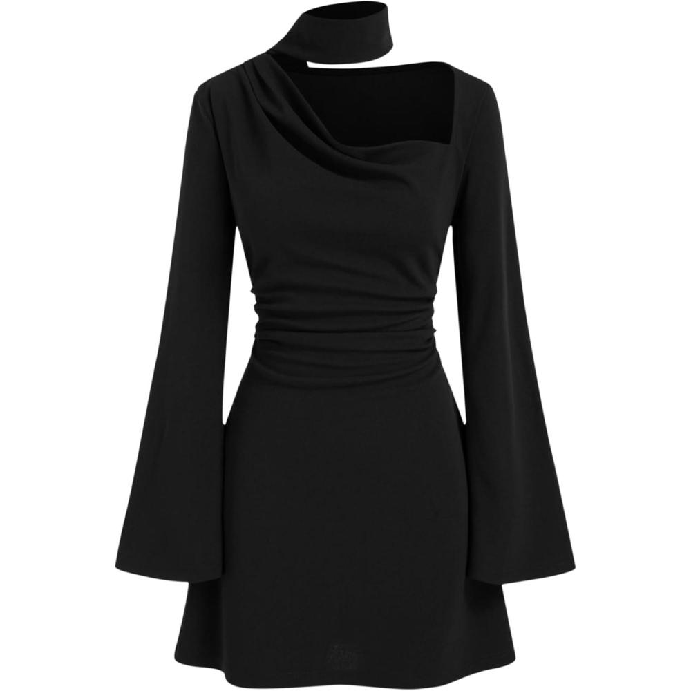 imageCIDER Elegant Long Sleeve Casual Mini Dress Asymmetrical Neckline Party DressesBlack