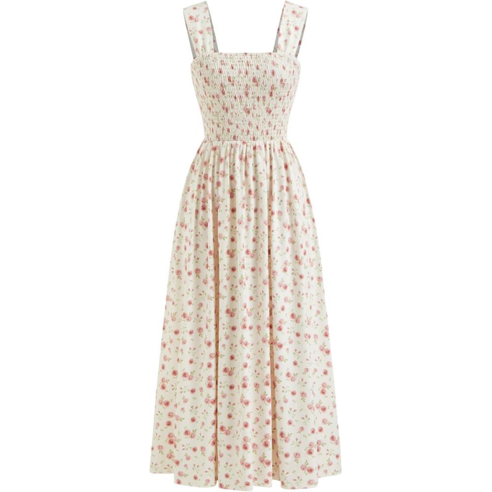 imageCIDER Womens Floral Summer Dresses Square Neck Sleeveless Midi A Line Casual SundressPink