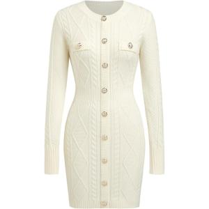 CIDER Sweater Dresses for Women Long Sleeve Dress Button Front Bodycon Mini Dress Trendy(Ivory)