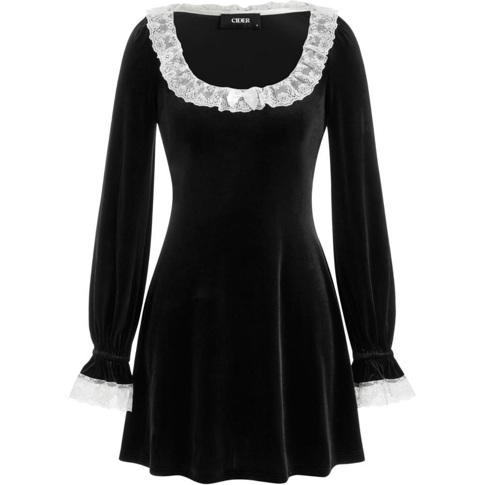 imageCIDER Mini Dress Long Sleeve Lace Trim Bow Tie Collar Cute Casual DressBlack
