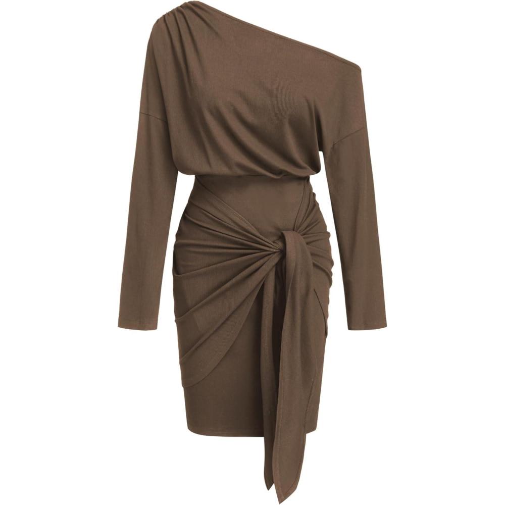 imageCIDER Off The Shoulder Dresses for Women One Shoulder Going Out Dress Tie Front Long Sleeve Dresses Fall OutfitsBrown