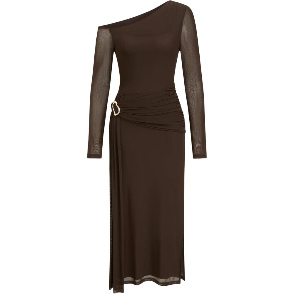 imageCIDER One Shoulder Long Sleeve Midi Dress Womens Elegant Sheer Bodycon Party DressBrown