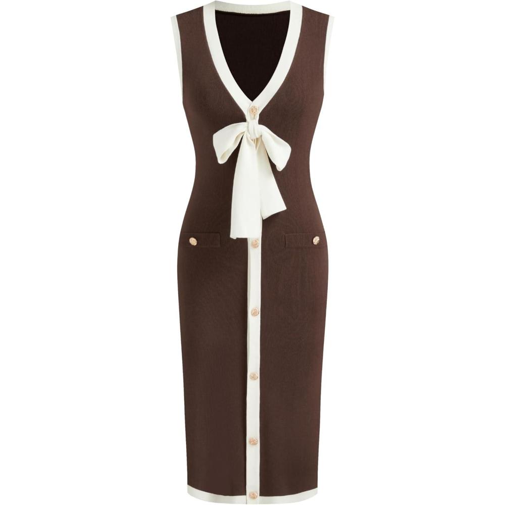 imageCIDER Sweater Dress for Women Knit V Neck Knotted Button Sleeveless Split Hem Midi Dresses Business Casual OutfitsBrown