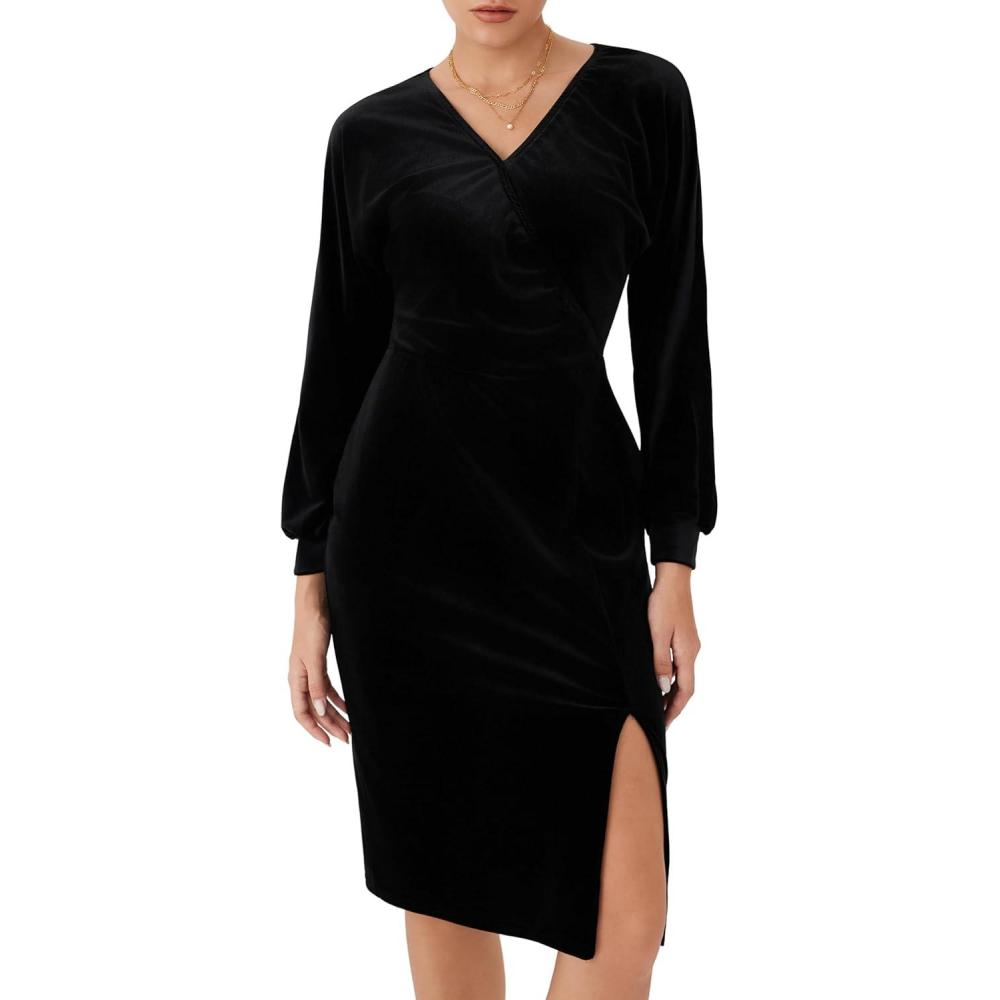 imageCIDER Velvet Midi Dress Long Sleeve Wrap V Neck Slit Party DressBlack