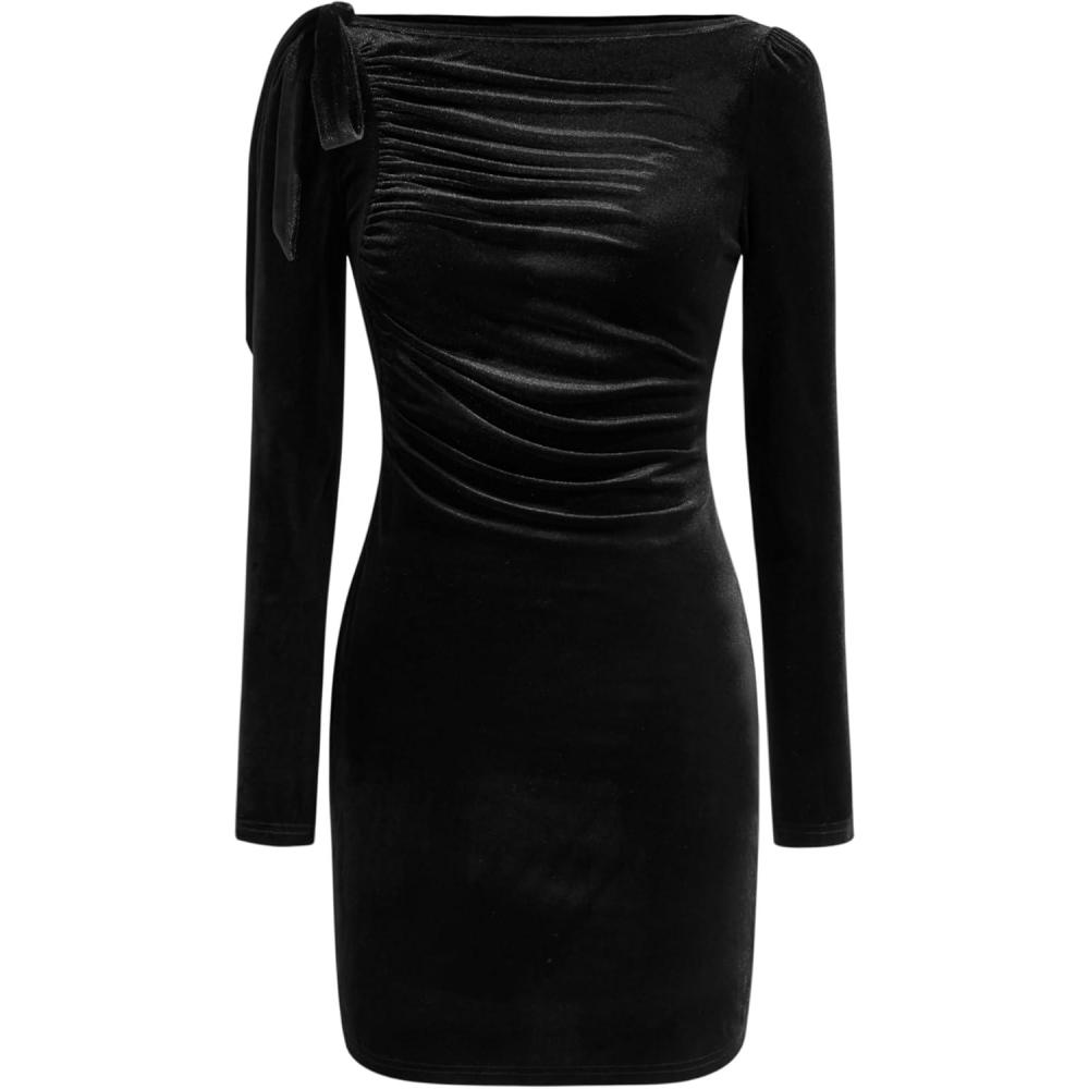 imageCIDER Velvet Mini Dress Womens Long Sleeve Bodycon Ruched Party DressBlack