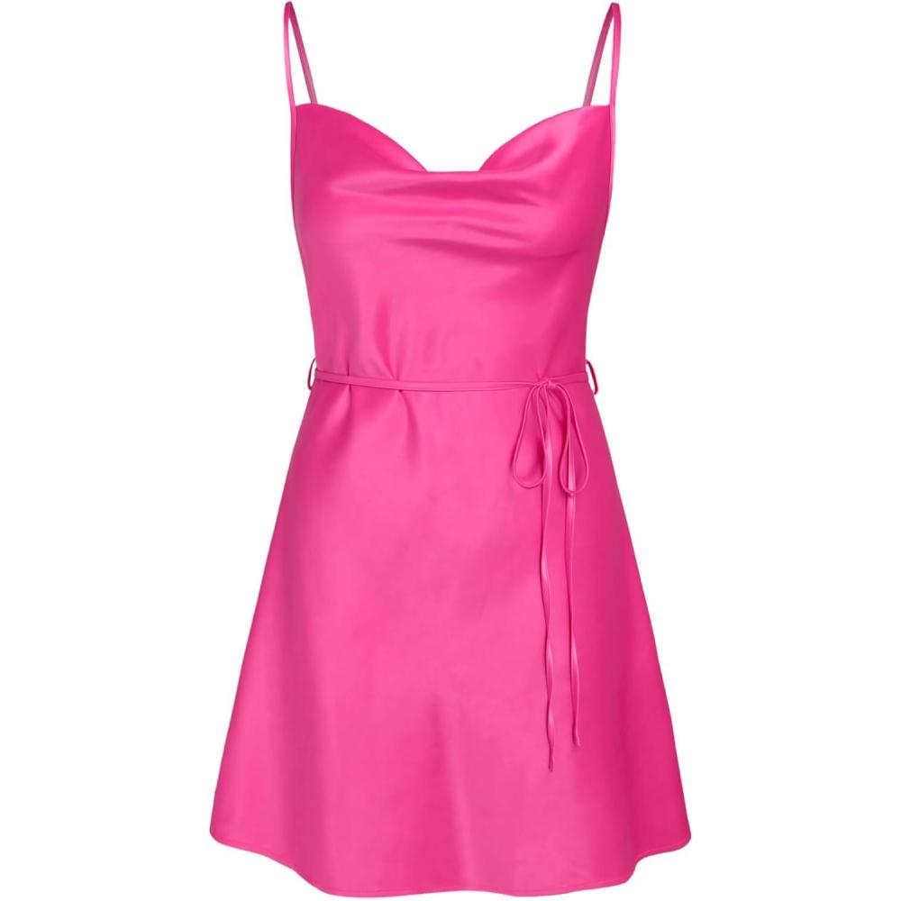 imageCIDER Women Summer 2025 Wedding Guest Cocktail Dresses Solid Satin Cowl Neck Cami Mini DressPink