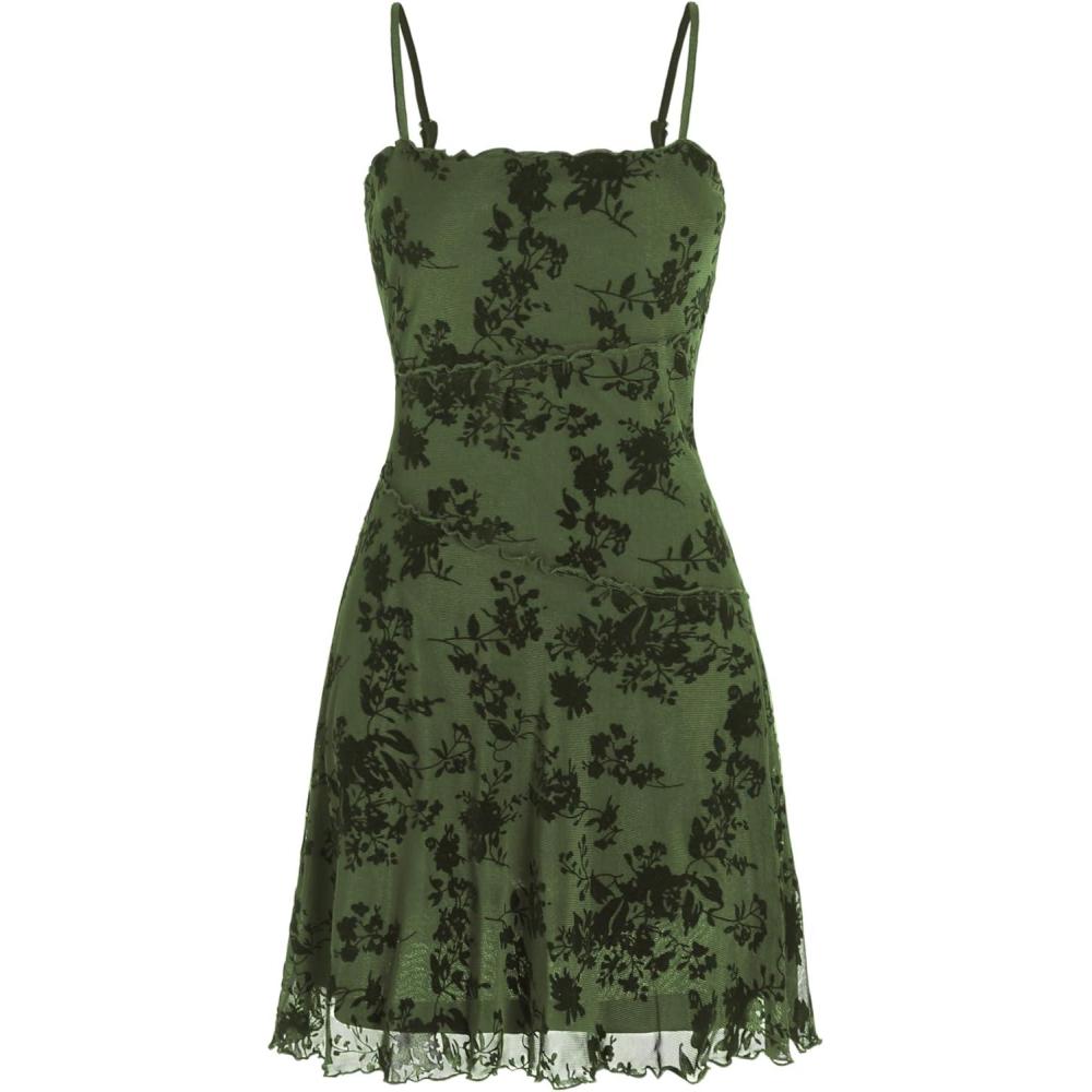 imageCIDER Womens Gothic Dresses Summer Mini Dress Lace Mesh Square Neck Sleeveless Spaghetti Strap Party Goth Y2K FallGreen