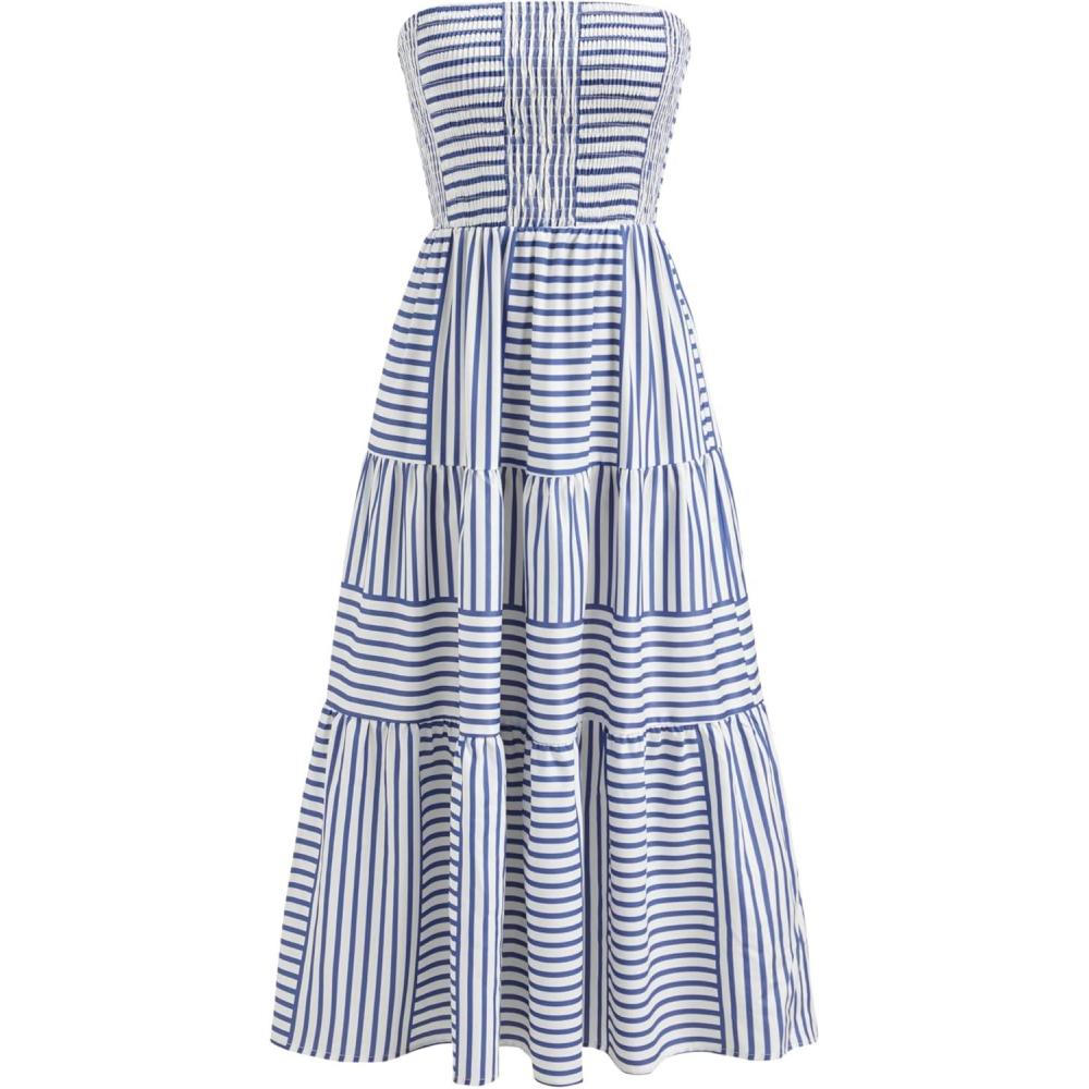 imageCIDER Womens Strapless Dress with Pockets Tube Striped Long Midi Dresses A Line Beach Vacation Casual Summer OutfitsBlue