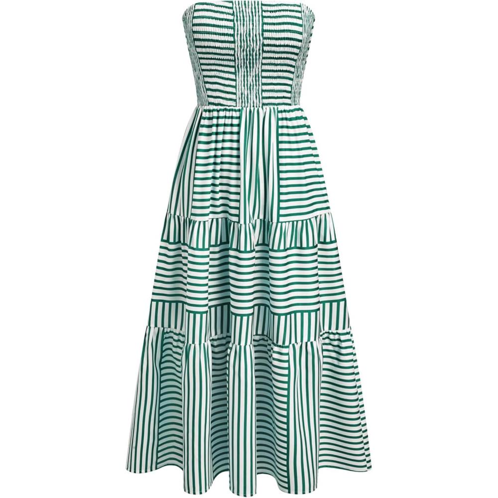 imageCIDER Womens Strapless Dress with Pockets Tube Striped Long Midi Dresses A Line Beach Vacation Casual Summer OutfitsGreen