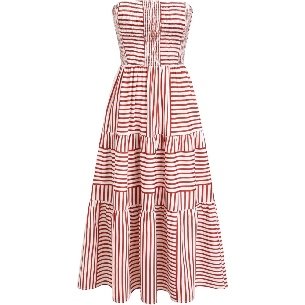 imageCIDER Womens Strapless Dress with Pockets Tube Striped Long Midi Dresses A Line Beach Vacation Casual Summer OutfitsRed