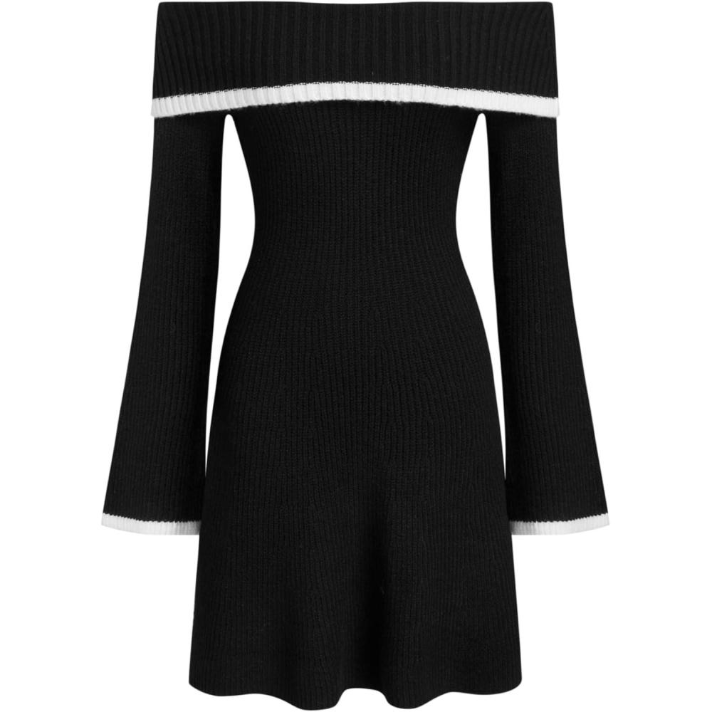 imageCIDER Womens Sweater Dresses Off The Shoulder Long Sleeve Color Block A Line Mini Dress Fall Party OutfitsBlack
