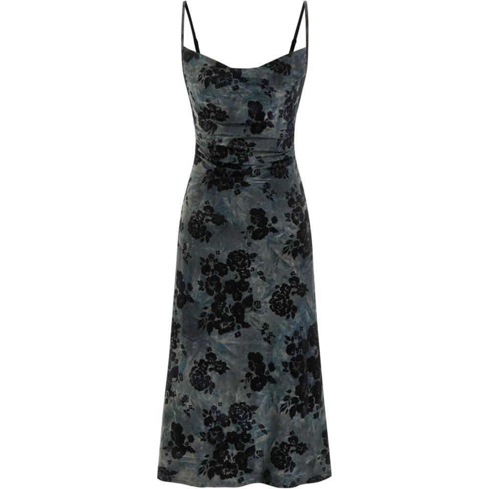 imageCIDER Womens Velvet Dress Floral Sleeveless Spaghetti Strap Ruched Midi Club Party Wedding Guest DressesDark Navy