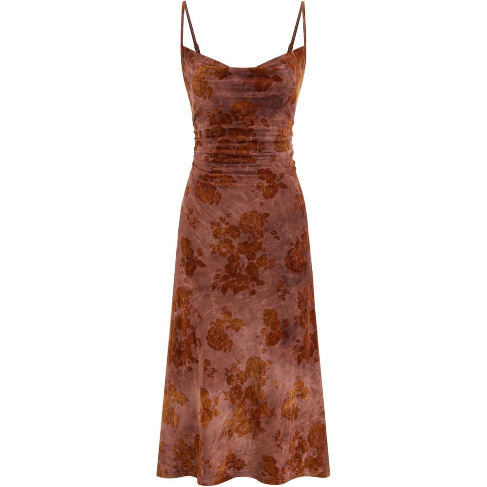 imageCIDER Womens Velvet Dress Floral Sleeveless Spaghetti Strap Ruched Midi Club Party Wedding Guest DressesWine