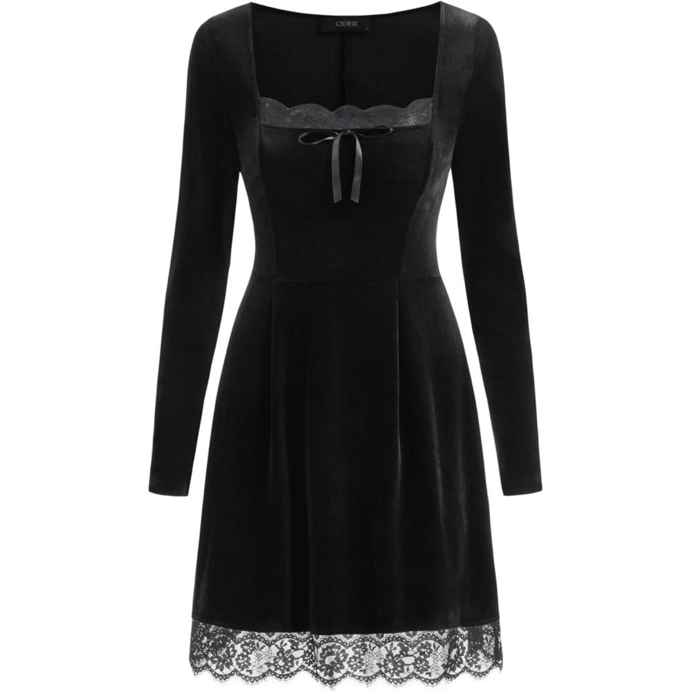 imageCIDER Womens Velvet Long Sleeve Mini Dress Lace Trim Elegant Party DressBlack