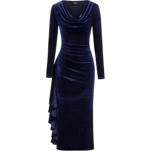 CIDER Elegant Long Sleeve Party Dress for Women Drape Neck Ruffle Slit Hem Gown Cocktail Dresses(Blue)