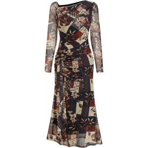 CIDER Floral Print Mesh Long Sleeve Dress Ruched Bodycon Midi Dress Women(Multicolor)