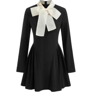 CIDER Long Sleeve Bow Knotted Elegant Dress Women’s A-Line Casual Dresses with Pockets(Black)