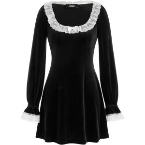 CIDER Mini Dress Long Sleeve Lace Trim Bow Tie Collar Cute Casual Dress(Black)