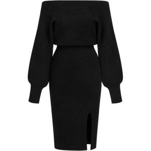 CIDER Off Shoulder Knit Dress Women’s Elegant Bodycon Slit Midi Dress(Black)