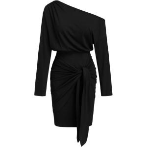 CIDER Off The Shoulder Dresses for Women One Shoulder Going Out Dress Tie Front Long Sleeve Dresses Fall Outfits(Black)