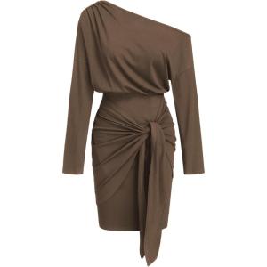 CIDER Off The Shoulder Dresses for Women One Shoulder Going Out Dress Tie Front Long Sleeve Dresses Fall Outfits(Brown)