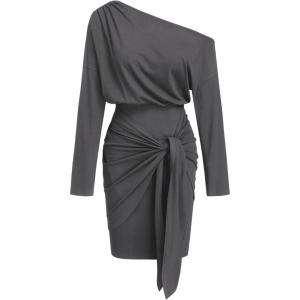 CIDER Off The Shoulder Dresses for Women One Shoulder Going Out Dress Tie Front Long Sleeve Dresses Fall Outfits(Grey)