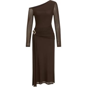 CIDER One Shoulder Long Sleeve Midi Dress Women’s Elegant Sheer Bodycon Party Dress(Brown)