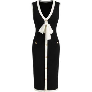 CIDER Sweater Dress for Women Knit V Neck Knotted Button Sleeveless Split Hem Midi Dresses Business Casual Outfits(Black)