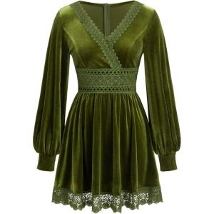 CIDER Velvet Long Sleeve Mini Dress Lace Trim A Line Cocktail Party Dress(Olive Green)