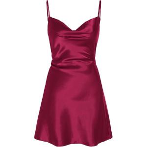 CIDER Women Summer 2025 Wedding Guest Cocktail Dresses Solid Satin Cowl Neck Cami Mini Dress(Wine)
