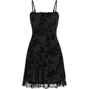 CIDER Women’s Gothic Dresses Summer Mini Dress Lace Mesh Square Neck Sleeveless Spaghetti Strap Party Goth Y2K Fall(Black)