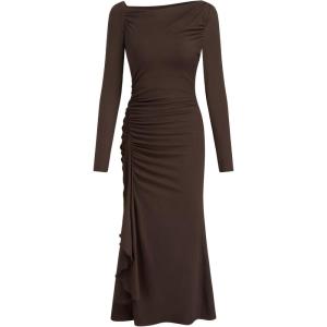 CIDER Women’s Long Sleeve Maxi Dress Asymmetrical Ruffle Hem Bodycon Evening Party Dress(Brown)