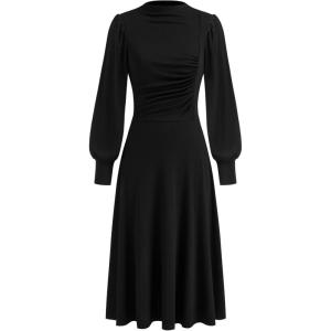 CIDER Womens Long Sleeve Wedding Guest Dresses Mock Neck Ruched Elegant Formal Midi Dresses(Black)