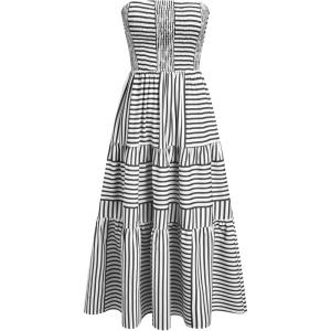 CIDER Women’s Strapless Dress with Pockets Tube Striped Long Midi Dresses A Line Beach Vacation Casual Summer Outfits(Black)