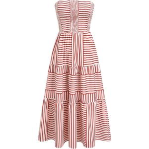 CIDER Women’s Strapless Dress with Pockets Tube Striped Long Midi Dresses A Line Beach Vacation Casual Summer Outfits(Red)