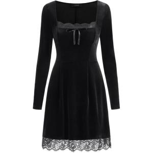 CIDER Womens Velvet Long Sleeve Mini Dress Lace Trim Elegant Party Dress(Black)