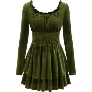 CIDER Womens Velvet Long Sleeve Smocked Waist Tiered Mini Dress(Green)