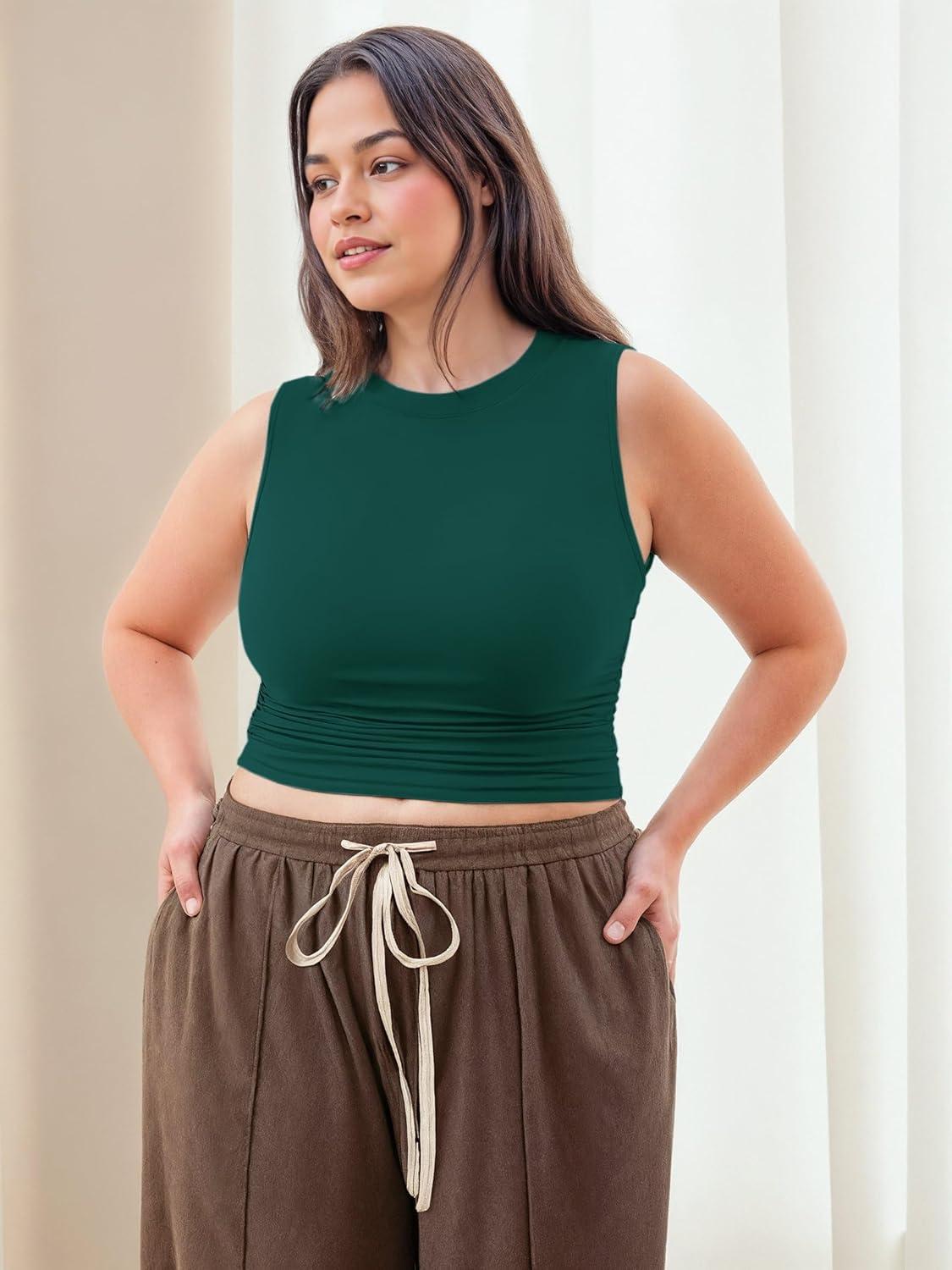 imageCIDER Crop Tops for Women Mimi Cuttrell Basic Sleeveless Ruched Going Out Summer Casual Ribbed Tank TopGreen