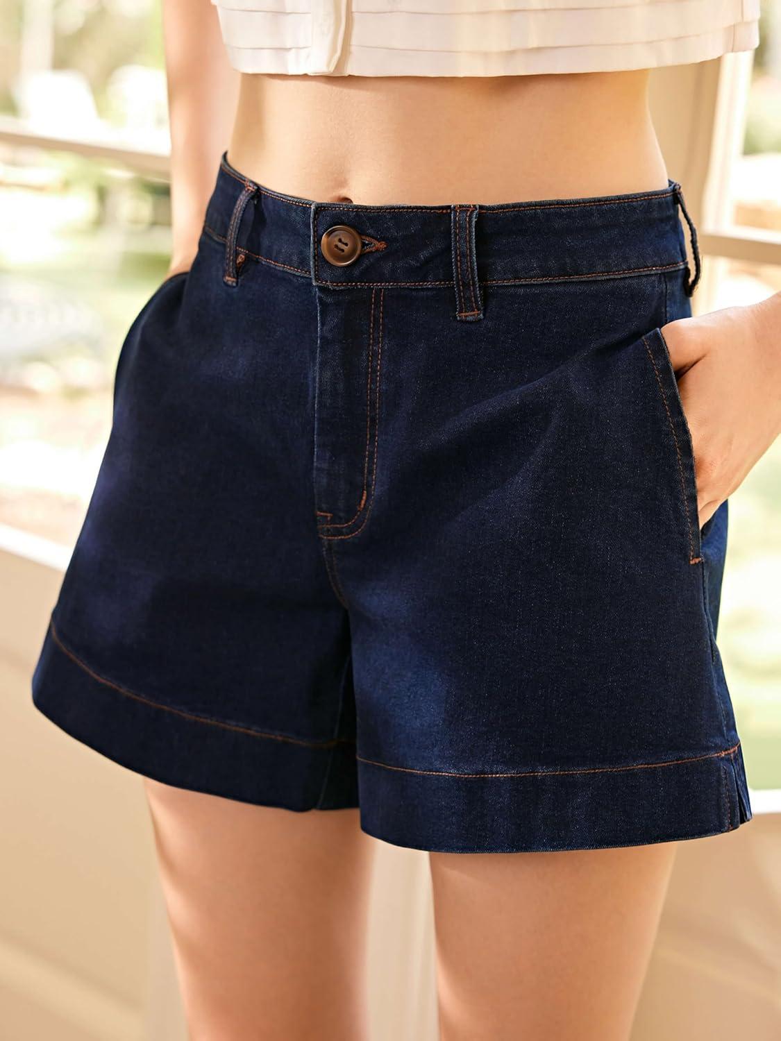 imageCIDER Jeans Shorts for Women Denim Shorts with Pockets Mid Rise Stretchy Casual Trendy Summer OutfitsBlue