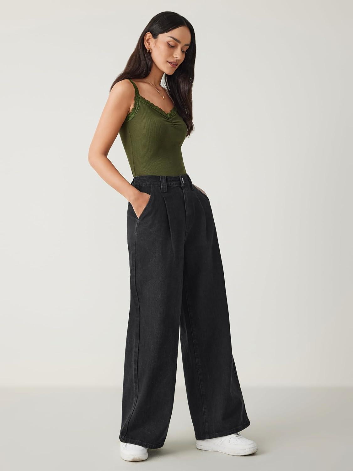 imageCIDER Jeans for Women High Waist Wide Leg Jeans Straight Leg Trousers Baggy Denim Pants with Pocket OversizedBlack