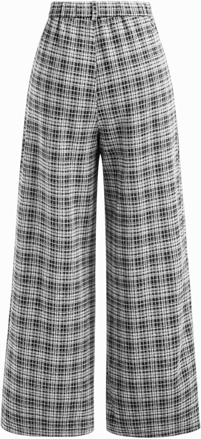 imageCIDER Plaid Wide Leg Pants for Women with Pockets Mid Waist Checkered Pants Business Casual Trousers TrendyBlack White