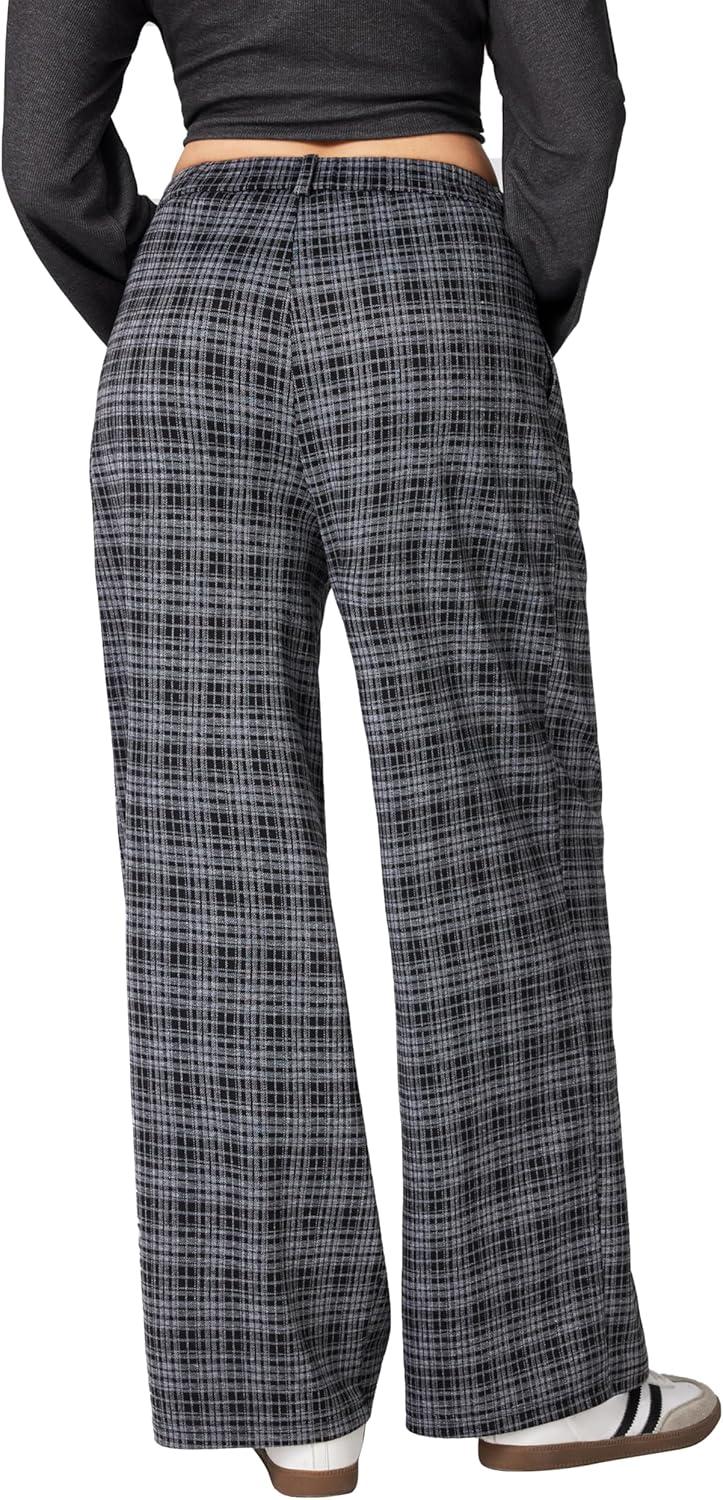 imageCIDER Plaid Wide Leg Pants for Women with Pockets Mid Waist Checkered Pants Business Casual Trousers TrendyBlack