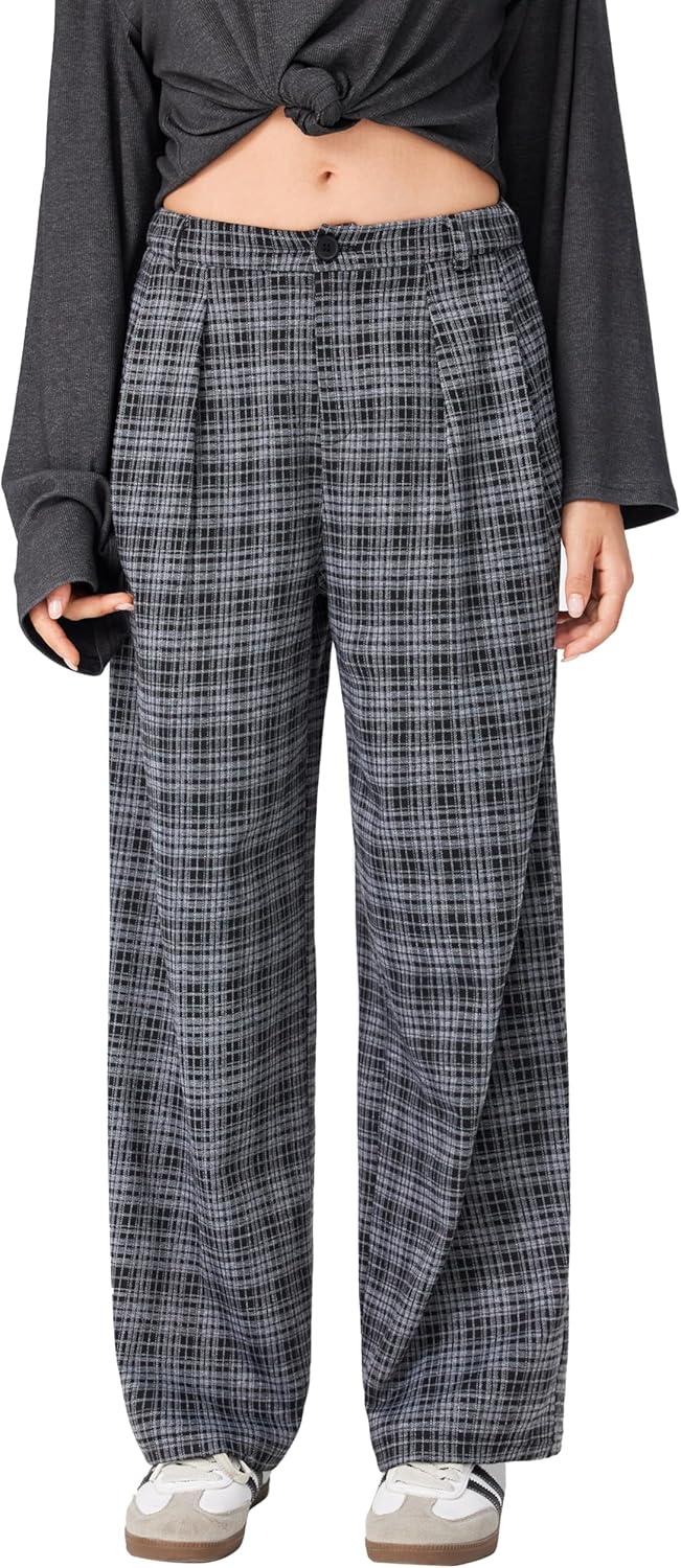 imageCIDER Plaid Wide Leg Pants for Women with Pockets Mid Waist Checkered Pants Business Casual Trousers TrendyBlack
